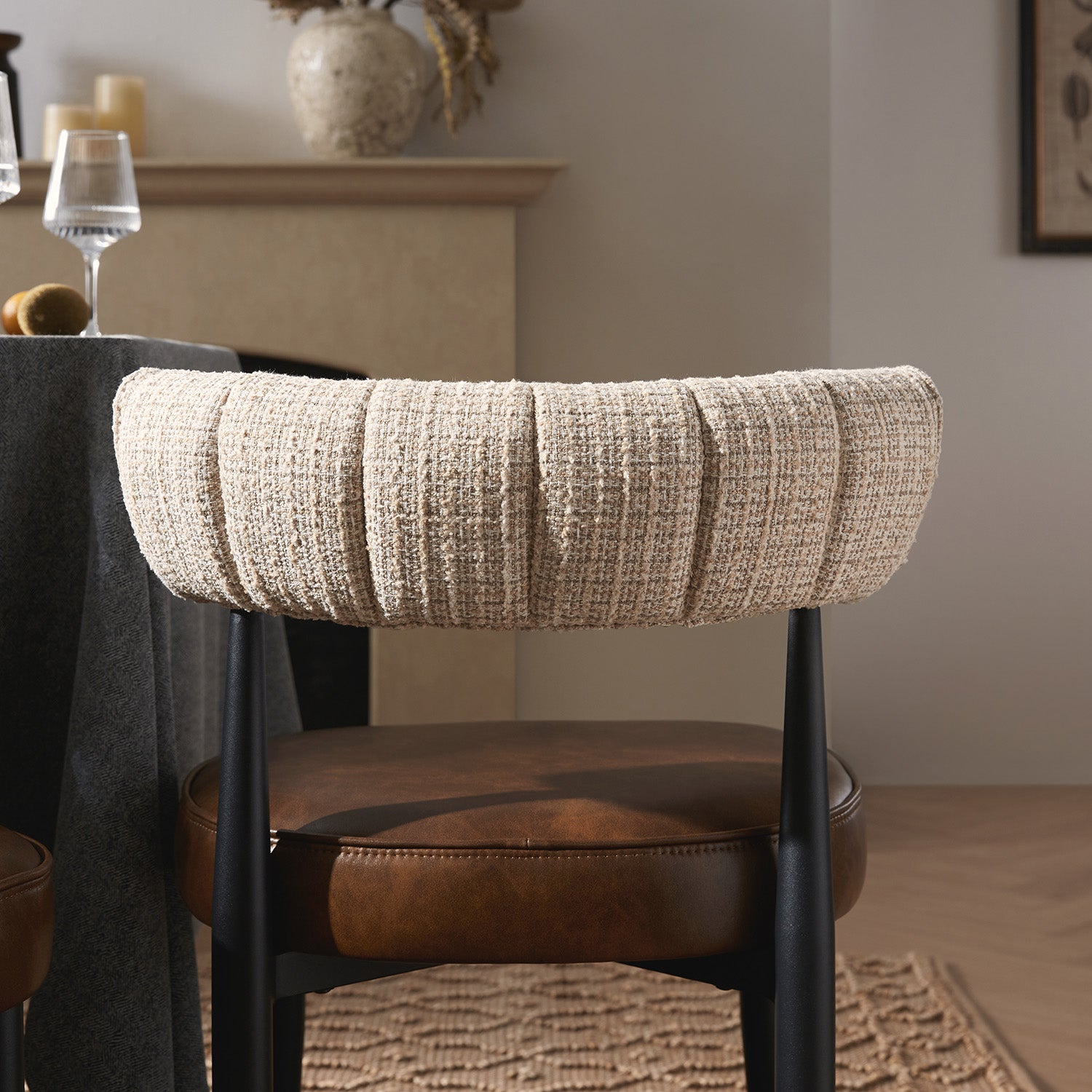 Wilna Set of 2 Dining Chairs, Beige Woven | Vintage Brown Faux Leather