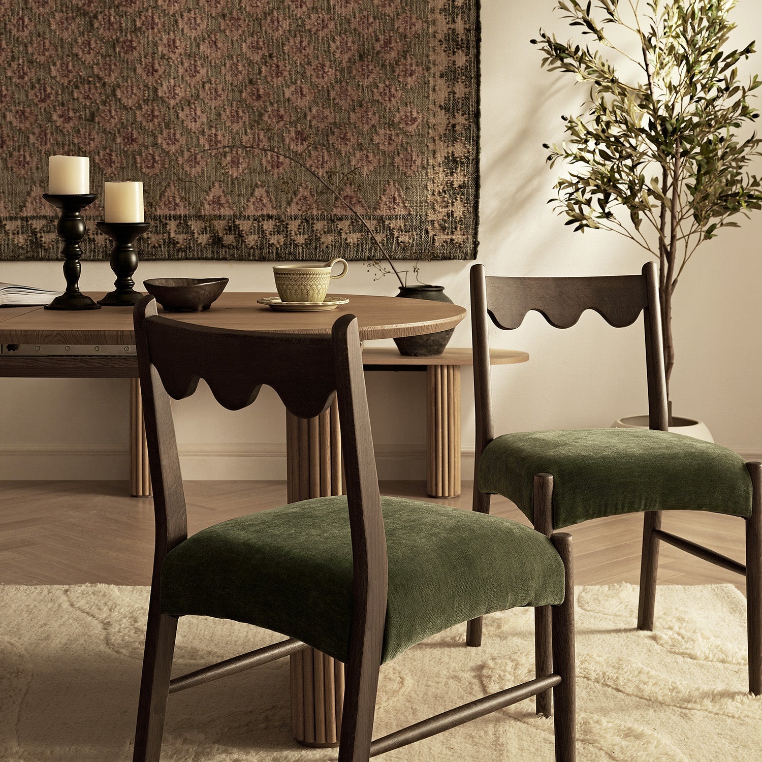 Ludlow Set of 2 Dining Chairs, Forest Green Chenille | Dark Walnut