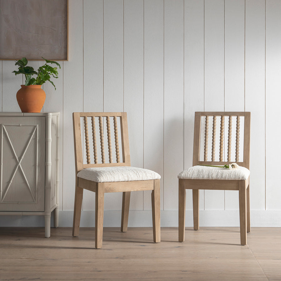 Hemingford Set of 2 Beige Textured Fabric Bobbin Spindle Washed Oak Dining Chairs - daals