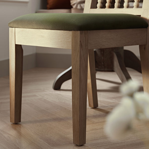 Hemingford Set of 2 Moss Green Velvet Bobbin Spindle Washed Oak Dining Chairs - daals