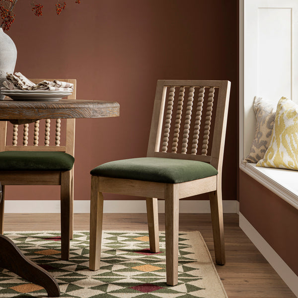 Hemingford Set of 2 Moss Green Velvet Bobbin Spindle Washed Oak Dining Chairs - daals