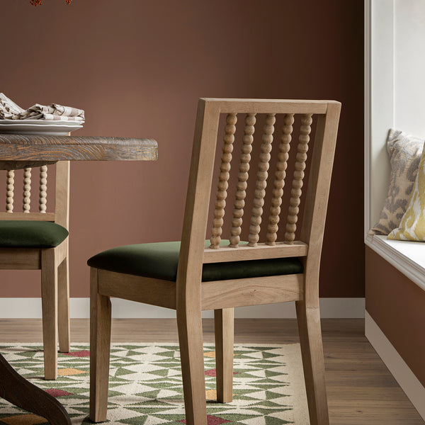 Hemingford Set of 2 Moss Green Velvet Bobbin Spindle Washed Oak Dining Chairs - daals