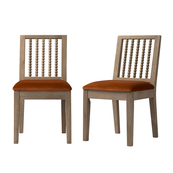 Hemingford Set of 2 Rust Velvet Bobbin Spindle Washed Oak Dining Chairs - daals