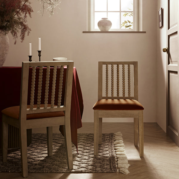 Hemingford Set of 2 Rust Velvet Bobbin Spindle Washed Oak Dining Chairs - daals