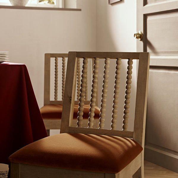 Hemingford Set of 2 Rust Velvet Bobbin Spindle Washed Oak Dining Chairs - daals