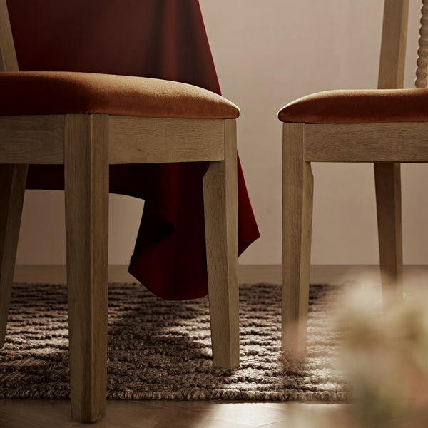 Hemingford Set of 2 Rust Velvet Bobbin Spindle Washed Oak Dining Chairs - daals