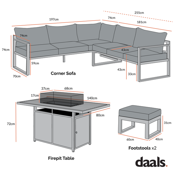 Albany Aluminium Large Corner Casual Dining Set with Firepit Table, Grey
