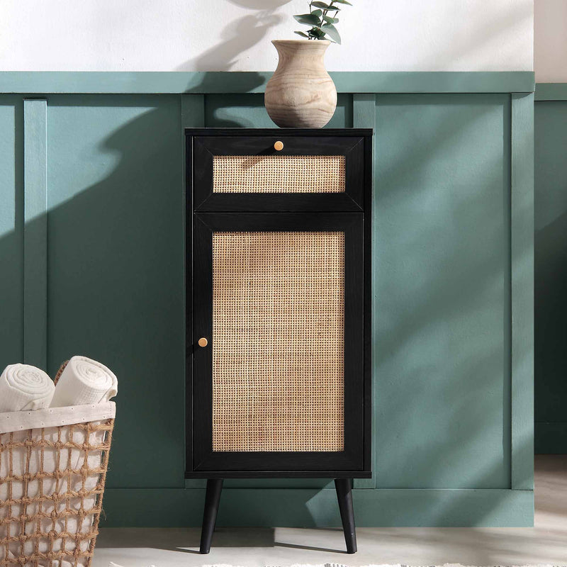 Frances Woven Rattan 1-Door Bathroom Cabinet, Black