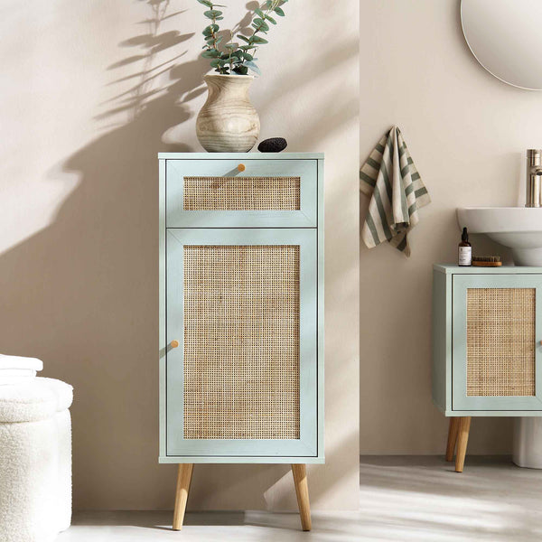 Frances Woven Rattan 1-Door Bathroom Cabinet, Mint