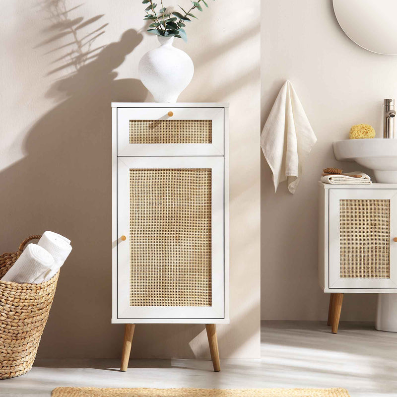 Frances Woven Rattan 1-Door Bathroom Cabinet, White