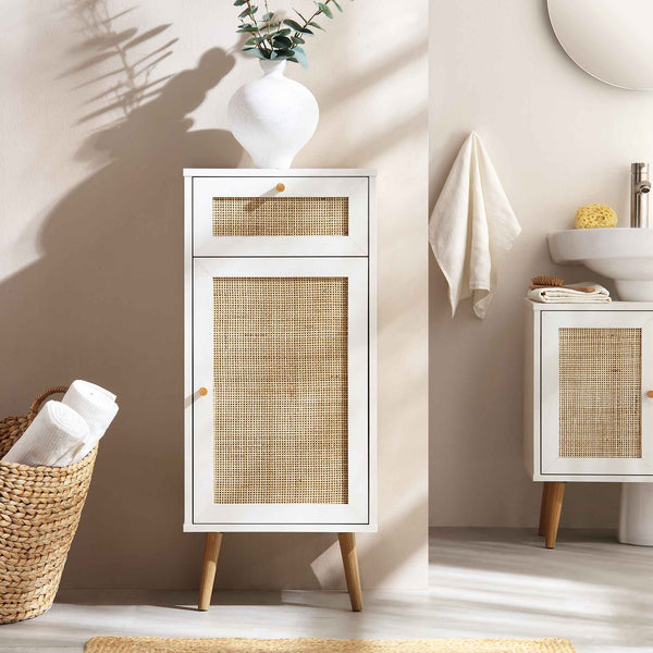Frances Woven Rattan 1-Door Bathroom Cabinet, White