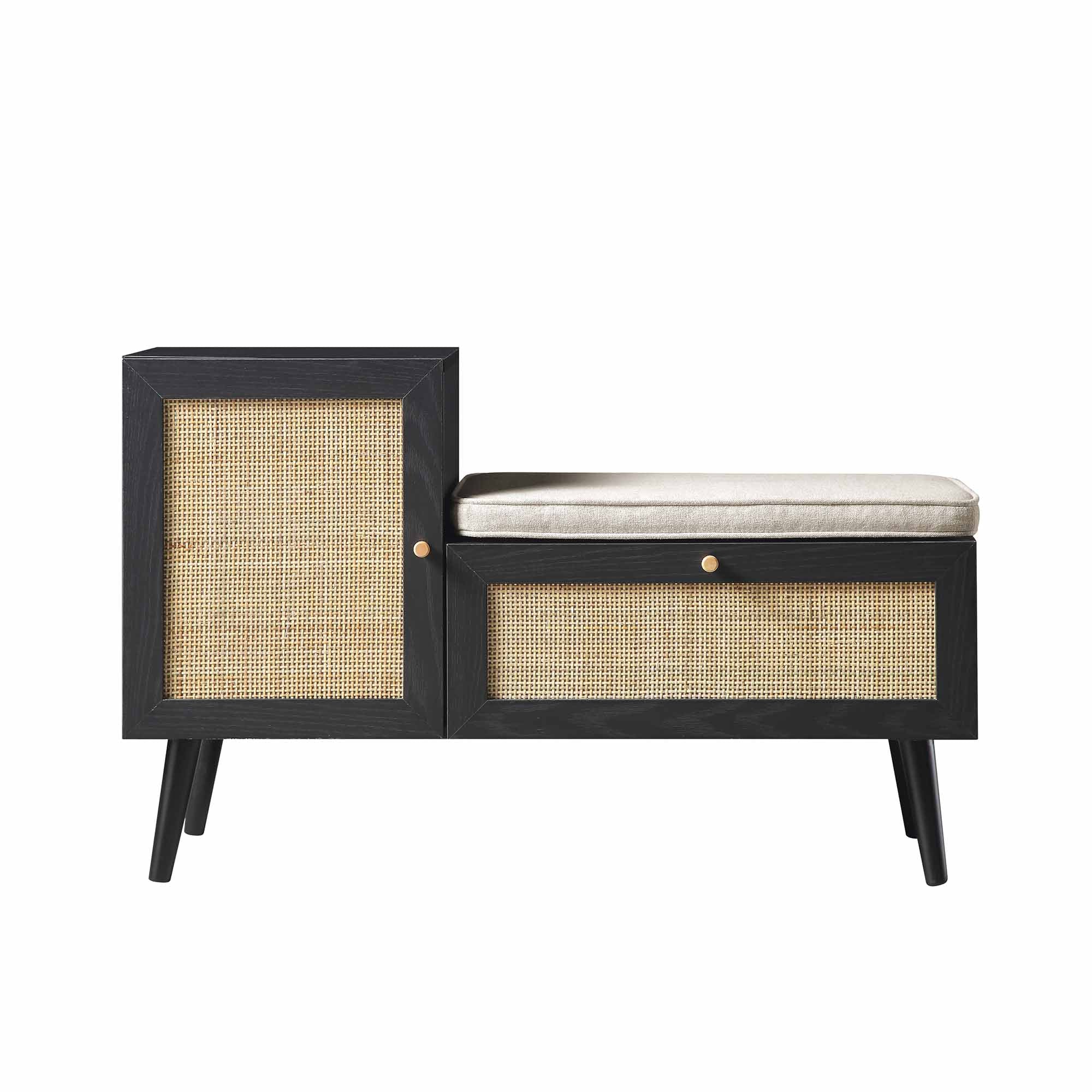 Frances Woven Rattan Storage Bench with Cushion, Black | daals