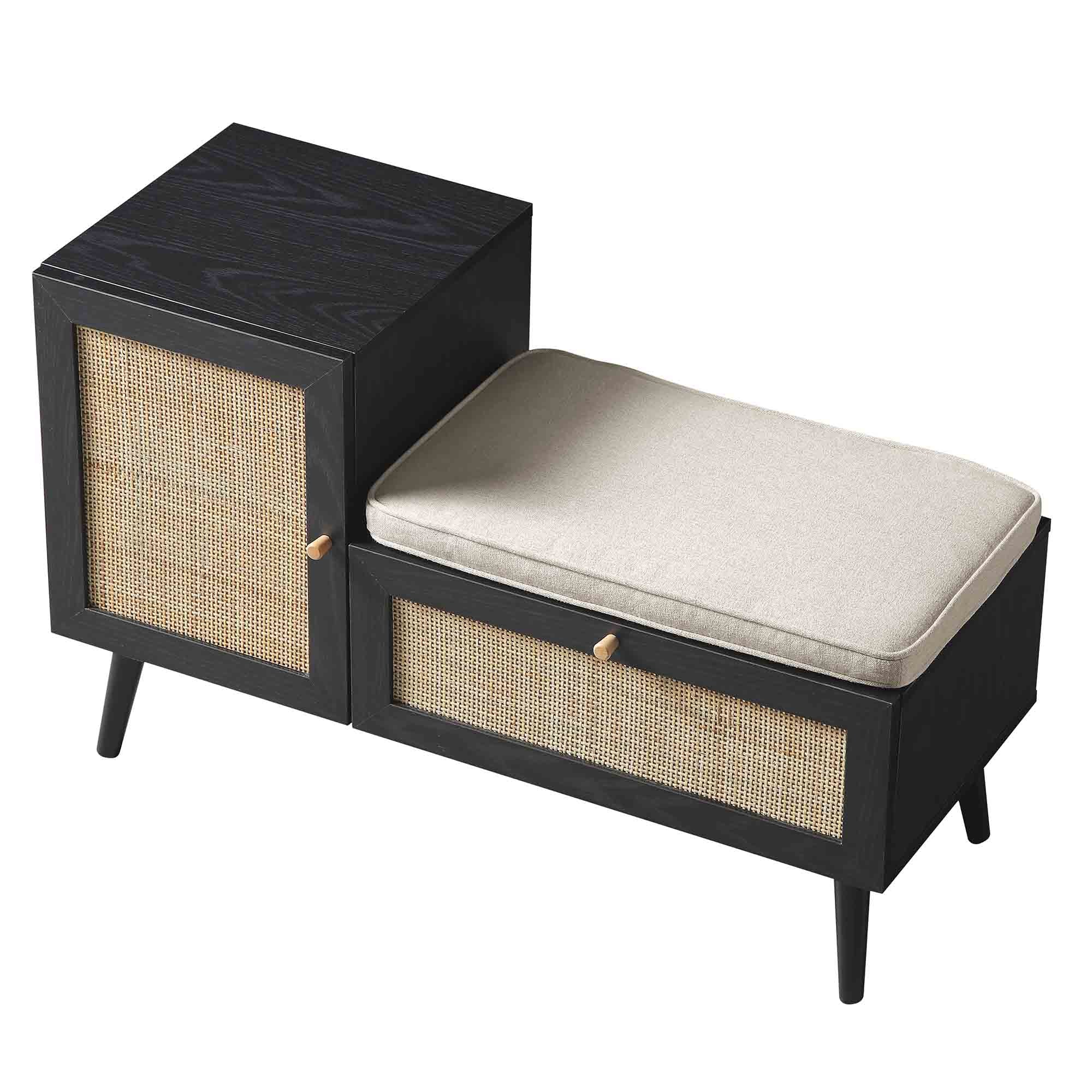 Frances Woven Rattan Storage Bench with Cushion, Black | daals