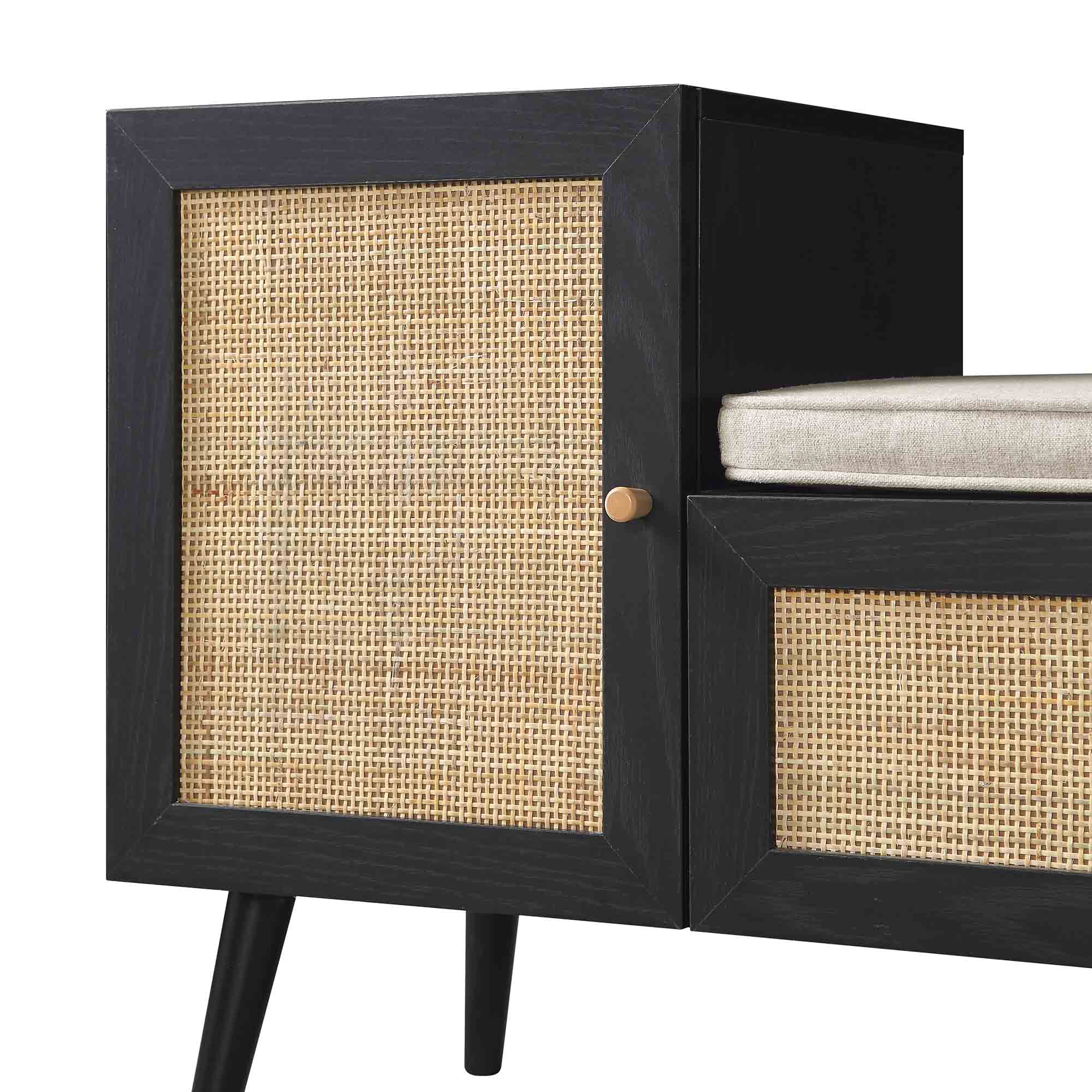 Frances Woven Rattan Storage Bench with Cushion, Black | daals