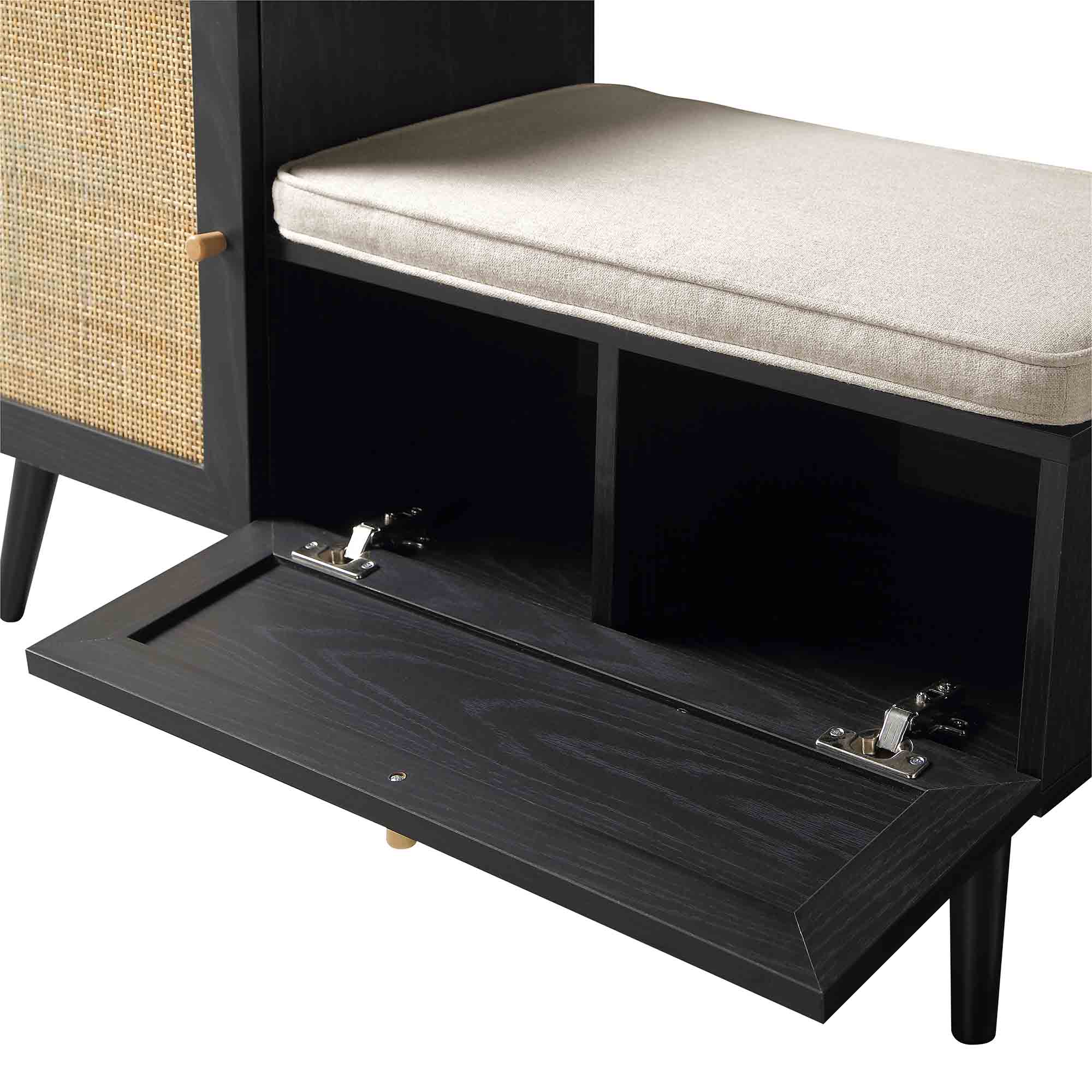 Frances Woven Rattan Storage Bench with Cushion, Black | daals