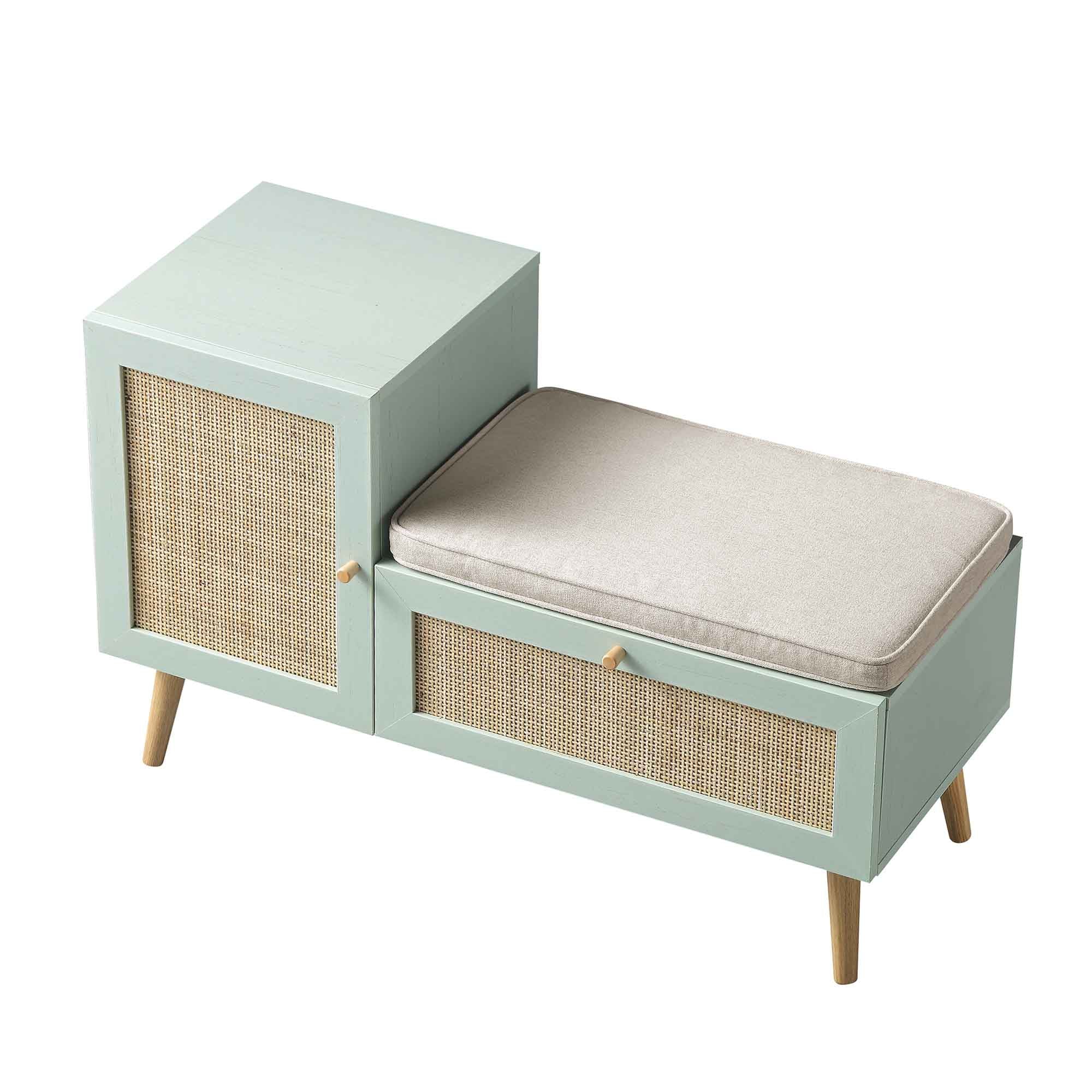 Frances Woven Rattan Storage Bench with Cushion, Mint | daals