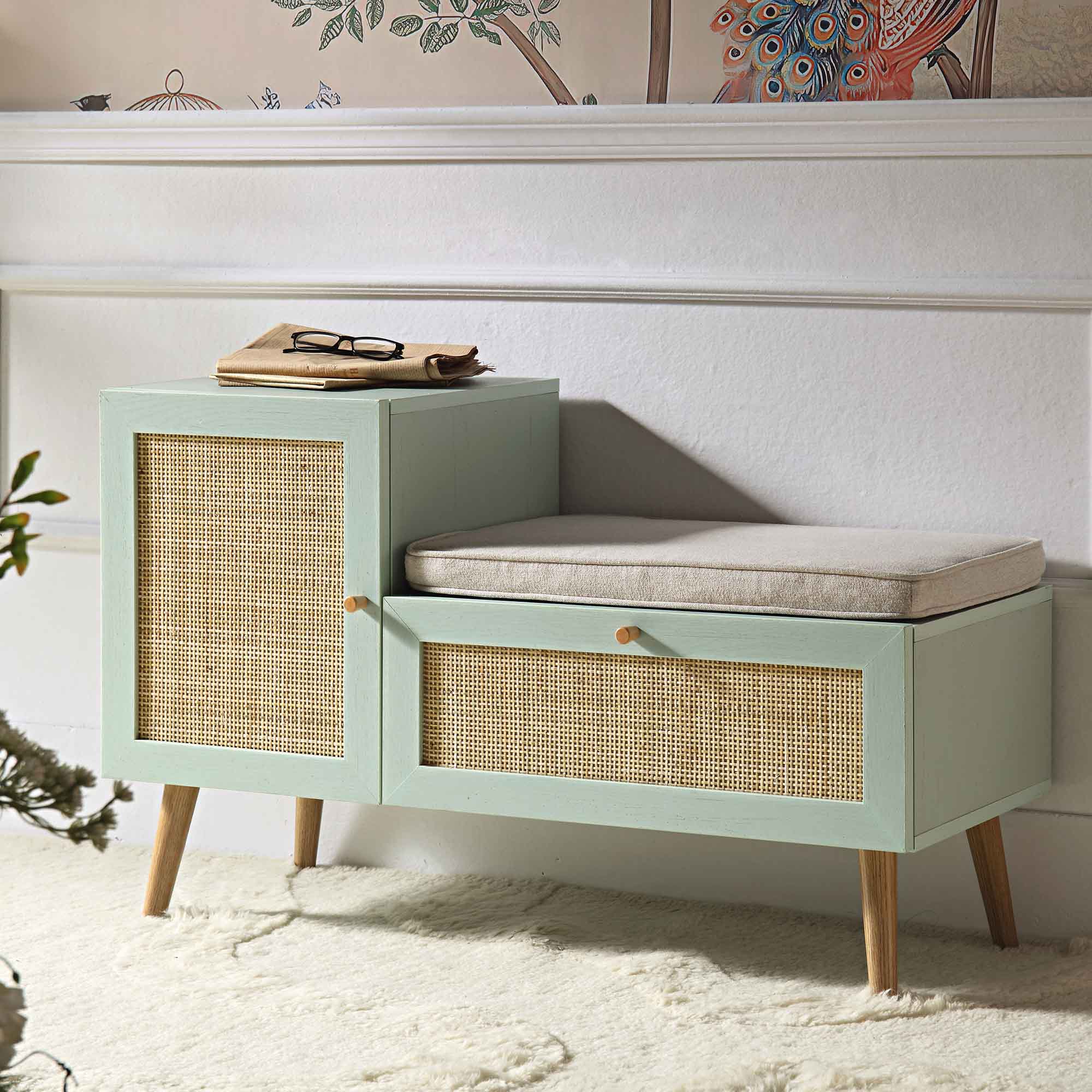 Frances Woven Rattan Storage Bench with Cushion, Mint | daals