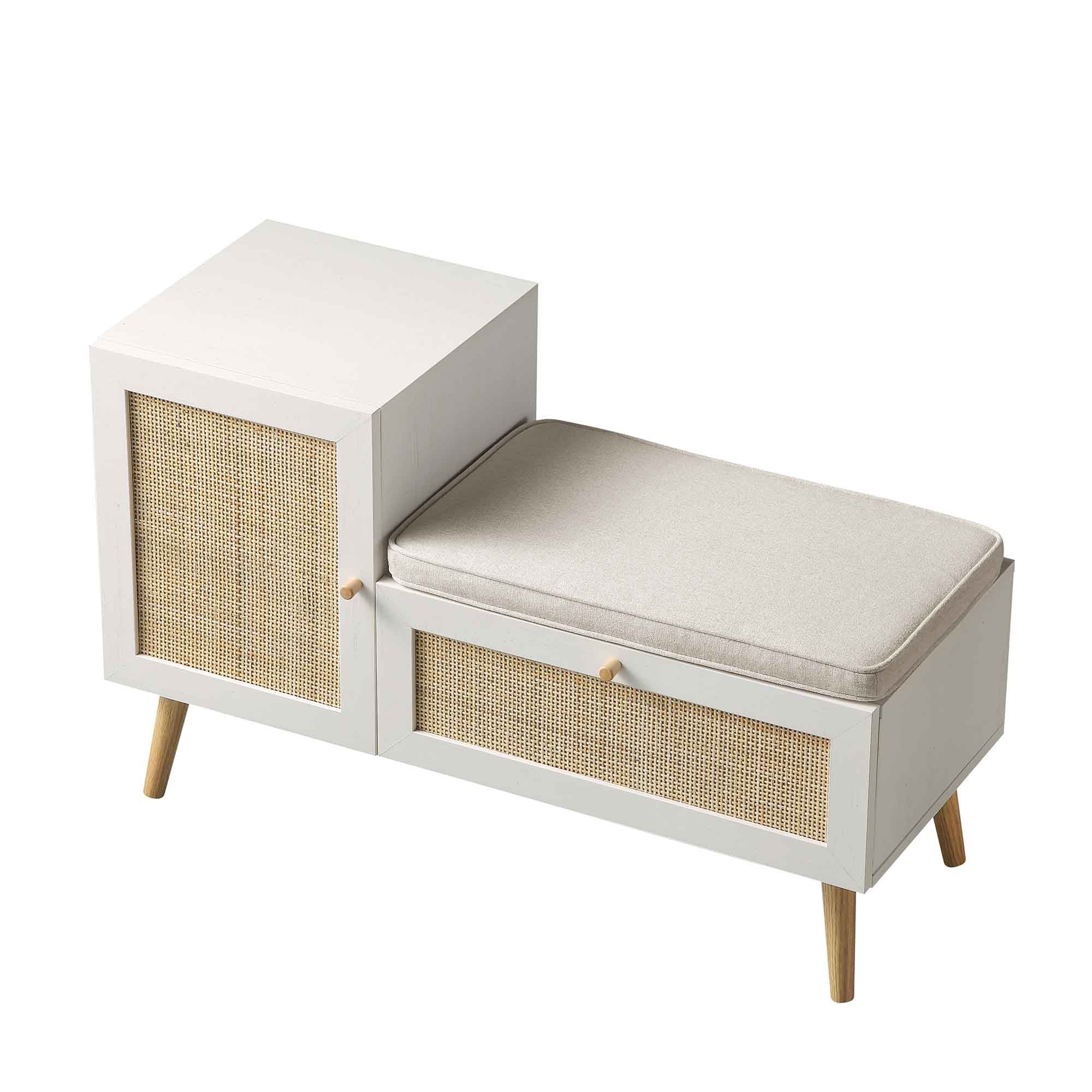 Frances Woven Rattan Storage Bench with Cushion, White | daals