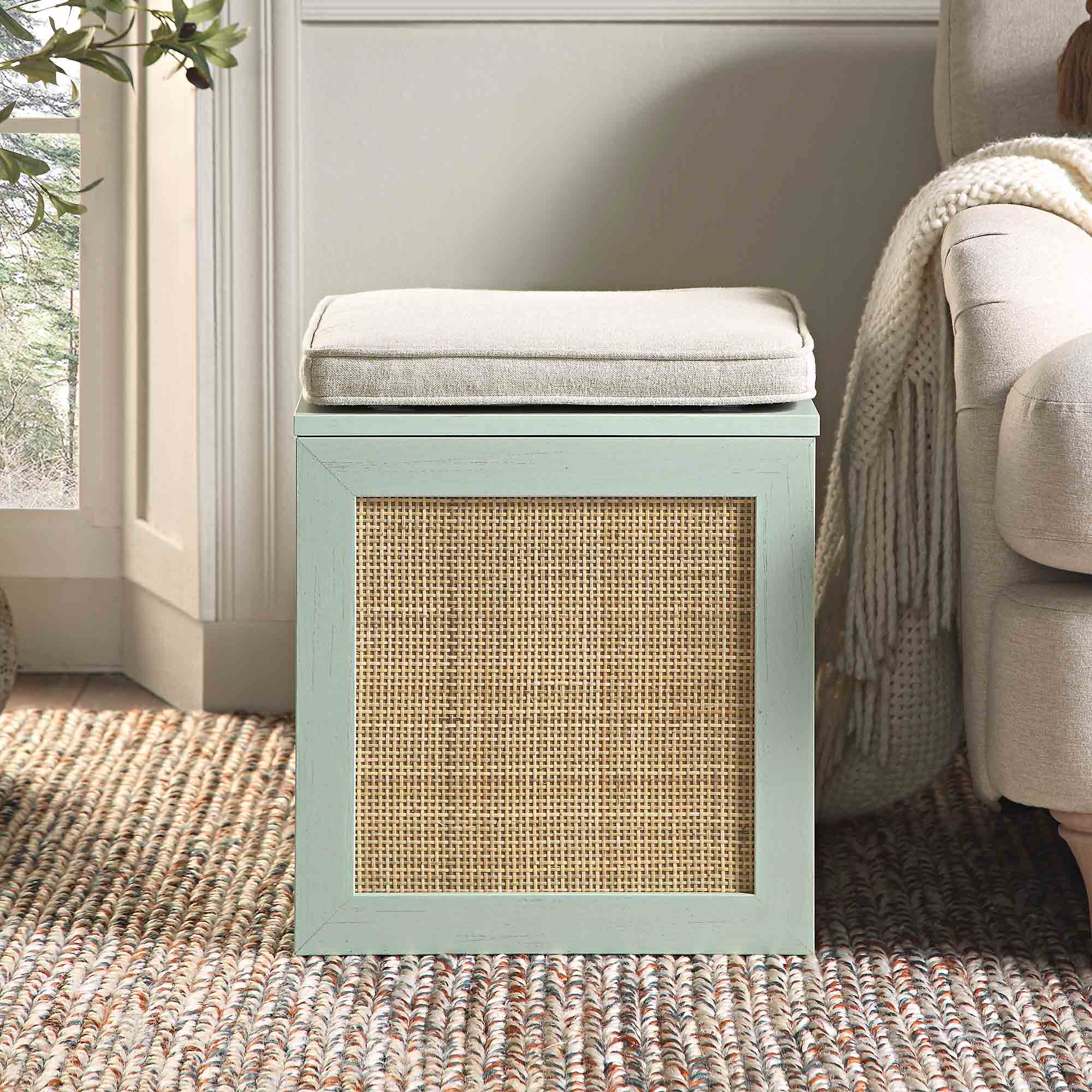 Storage Rattan Stools Frances Woven Rattan Single Storage Stool with Cushion, Mint | daals