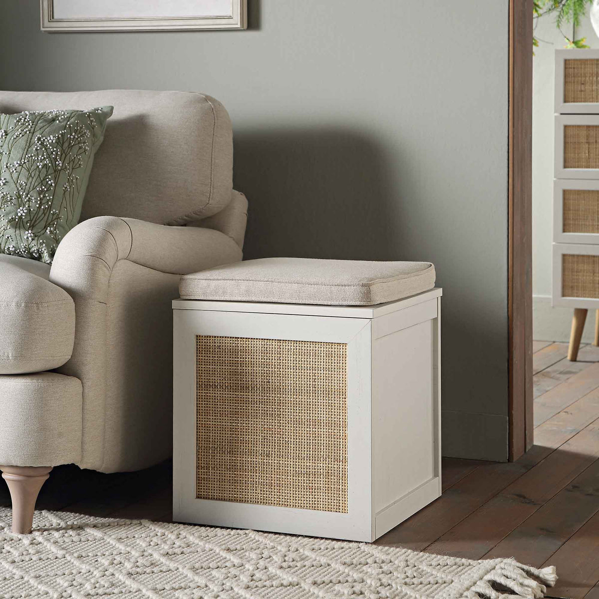 Storage Rattan Stools Frances Woven Rattan Single Storage Stool with Cushion, White | daals
