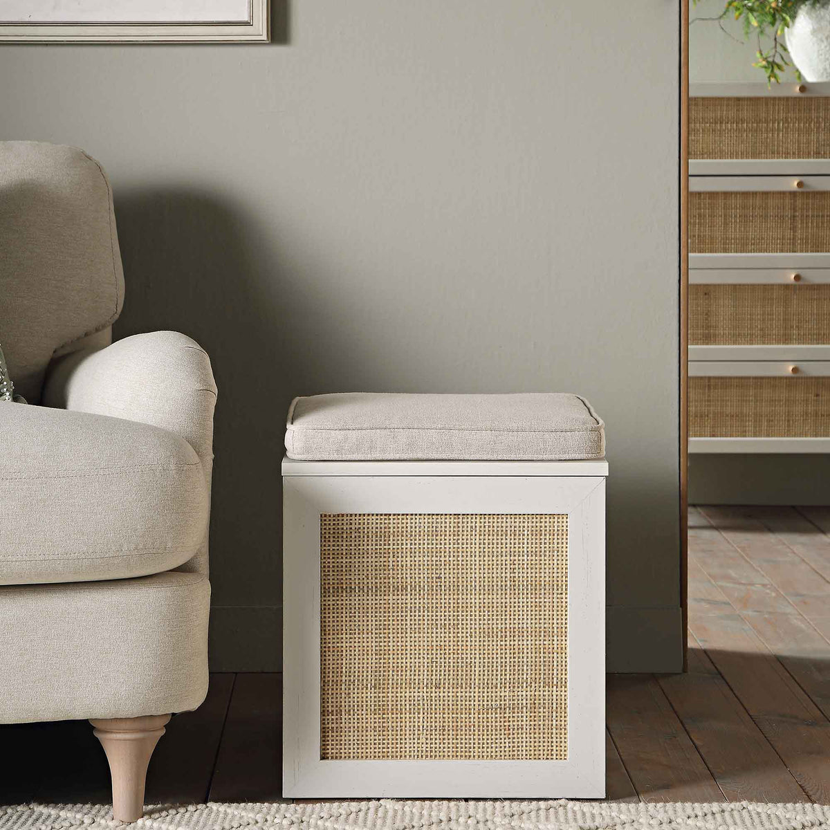 Storage Rattan Stools Frances Woven Rattan Single Storage Stool with Cushion, White | daals
