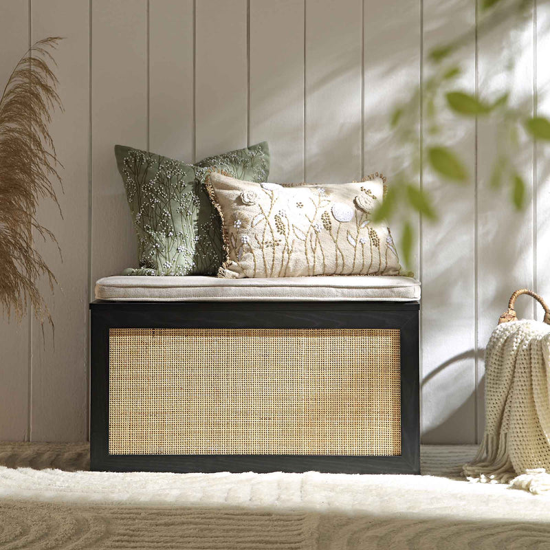 Frances Woven Rattan Double Storage Stool with Cushion, Black - daals