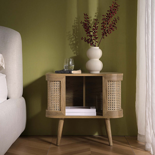 Izzy Curved Rattan Bedside Table, Natural