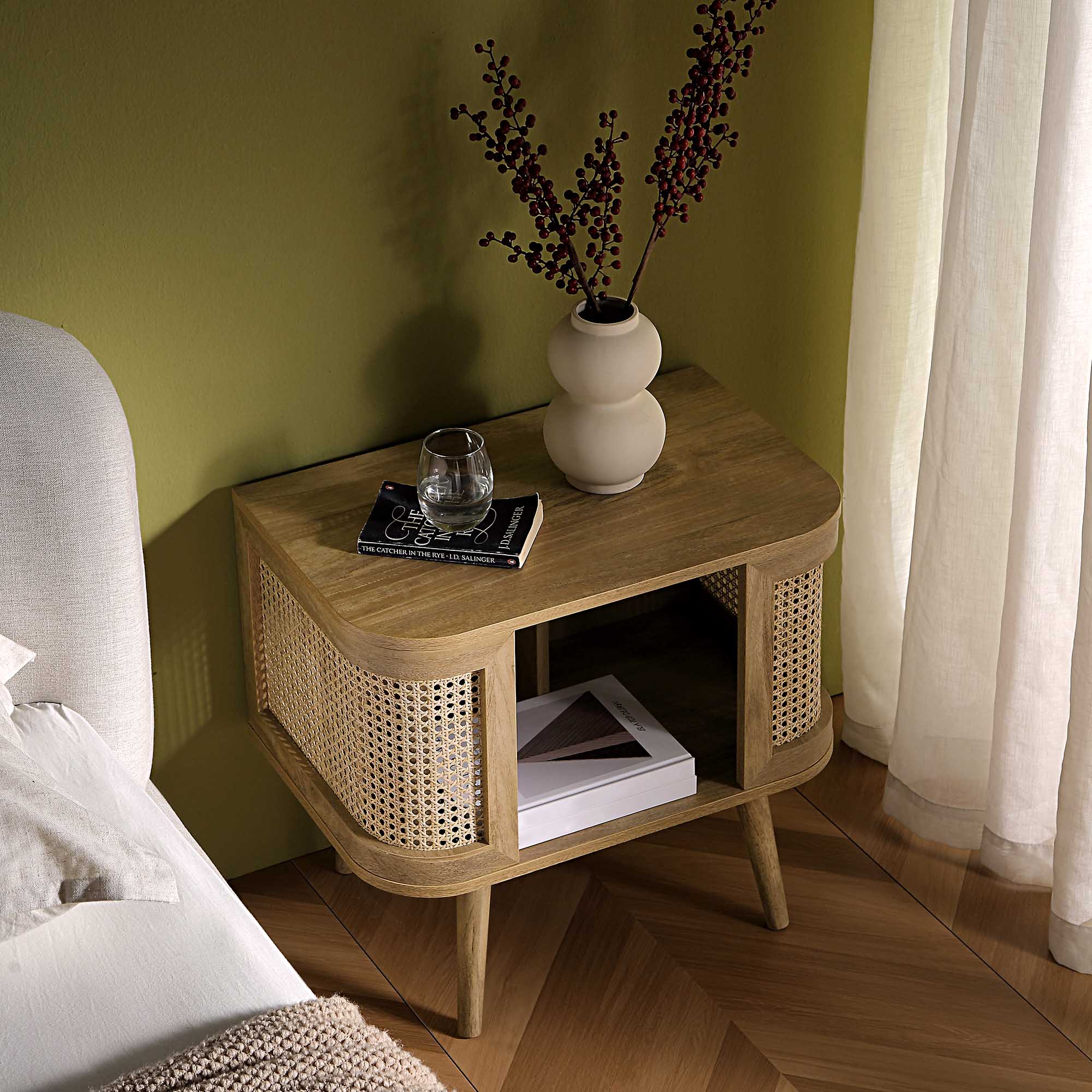 Izzy Curved Rattan Bedside Table, Natural | daals