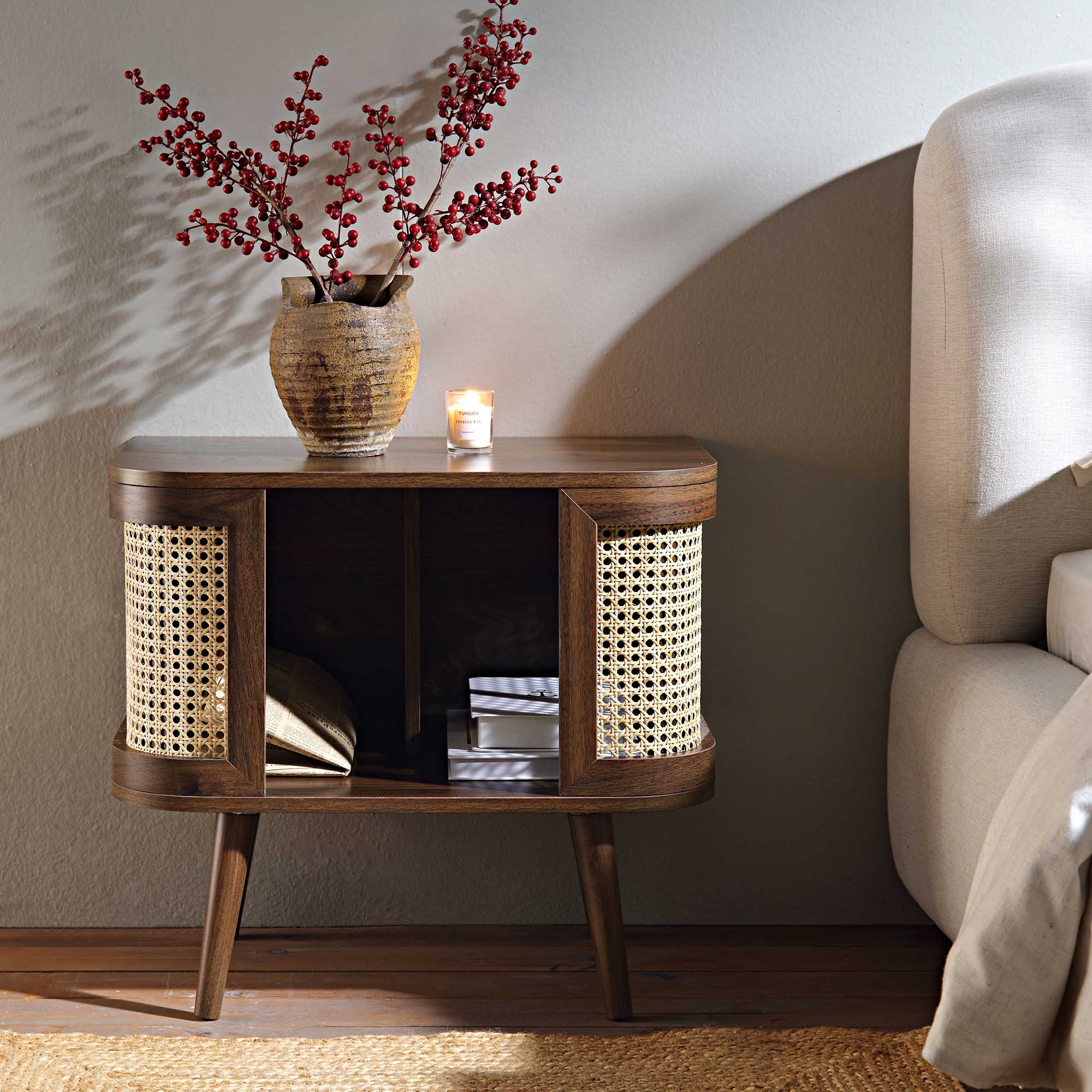 Lanut Rattan Izzy Curved Rattan Bedside Table, Walnut | daals