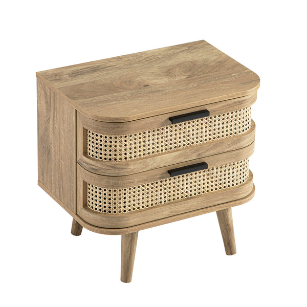 Izzy Curved Rattan 2-Drawer Bedside Table, Natural