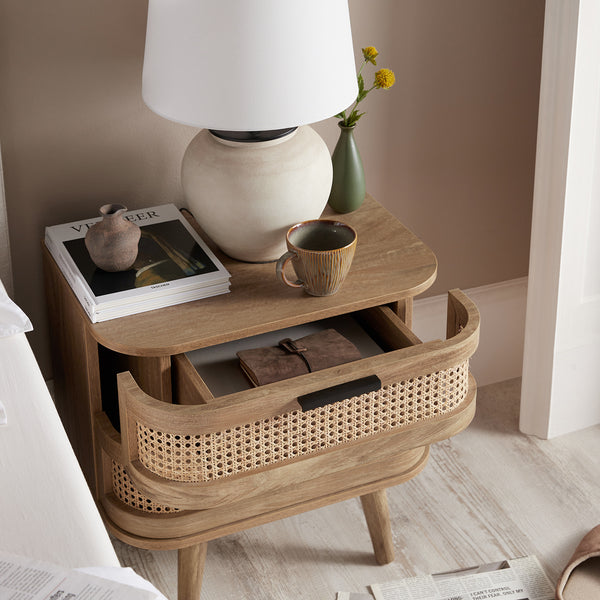 Izzy Curved Rattan 2-Drawer Bedside Table, Natural