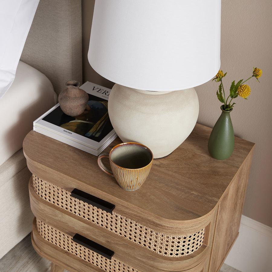 Izzy Curved Rattan 2-Drawer Bedside Table, Natural