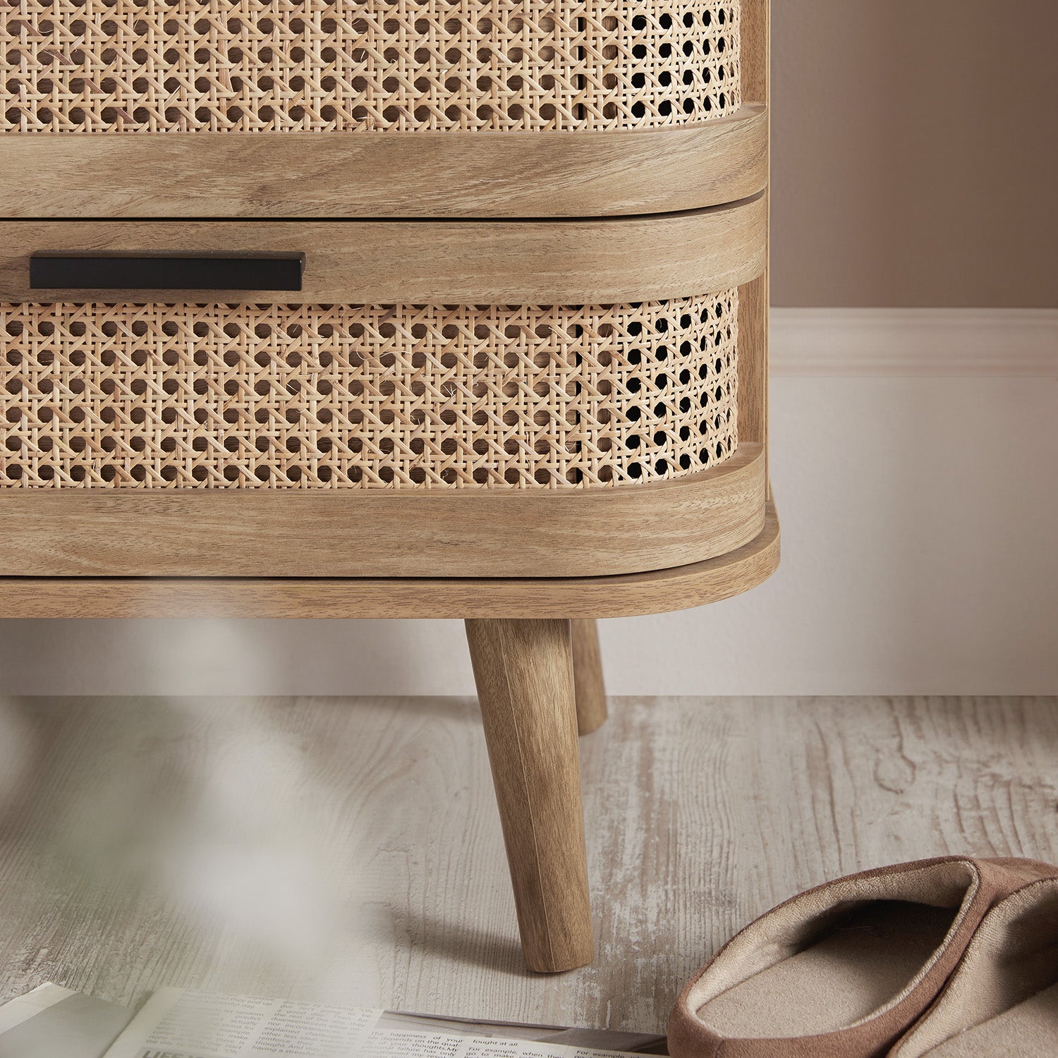 Izzy Curved Rattan 2-Drawer Bedside Table, Natural