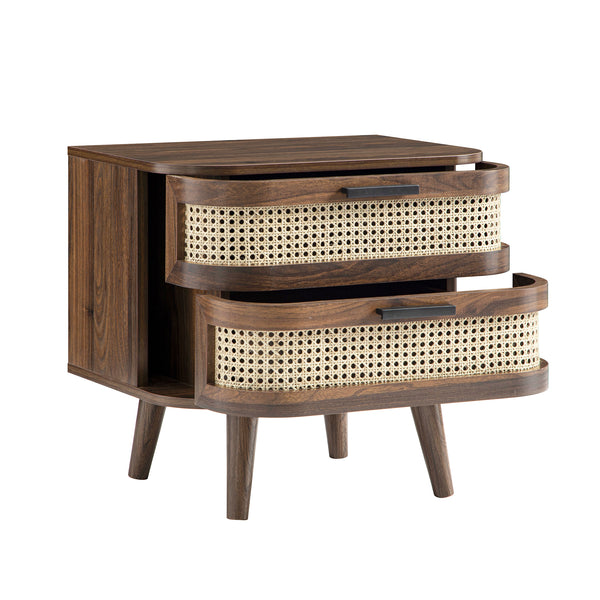 Izzy Curved Rattan 2-Drawer Bedside Table, Walnut