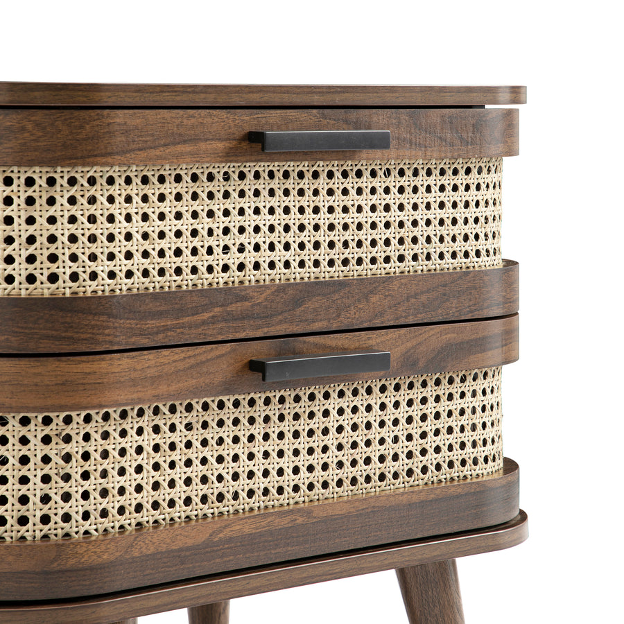 Izzy Curved Rattan 2-Drawer Bedside Table, Walnut