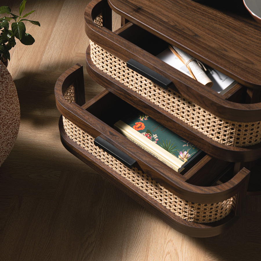 Izzy Curved Rattan 2-Drawer Bedside Table, Walnut