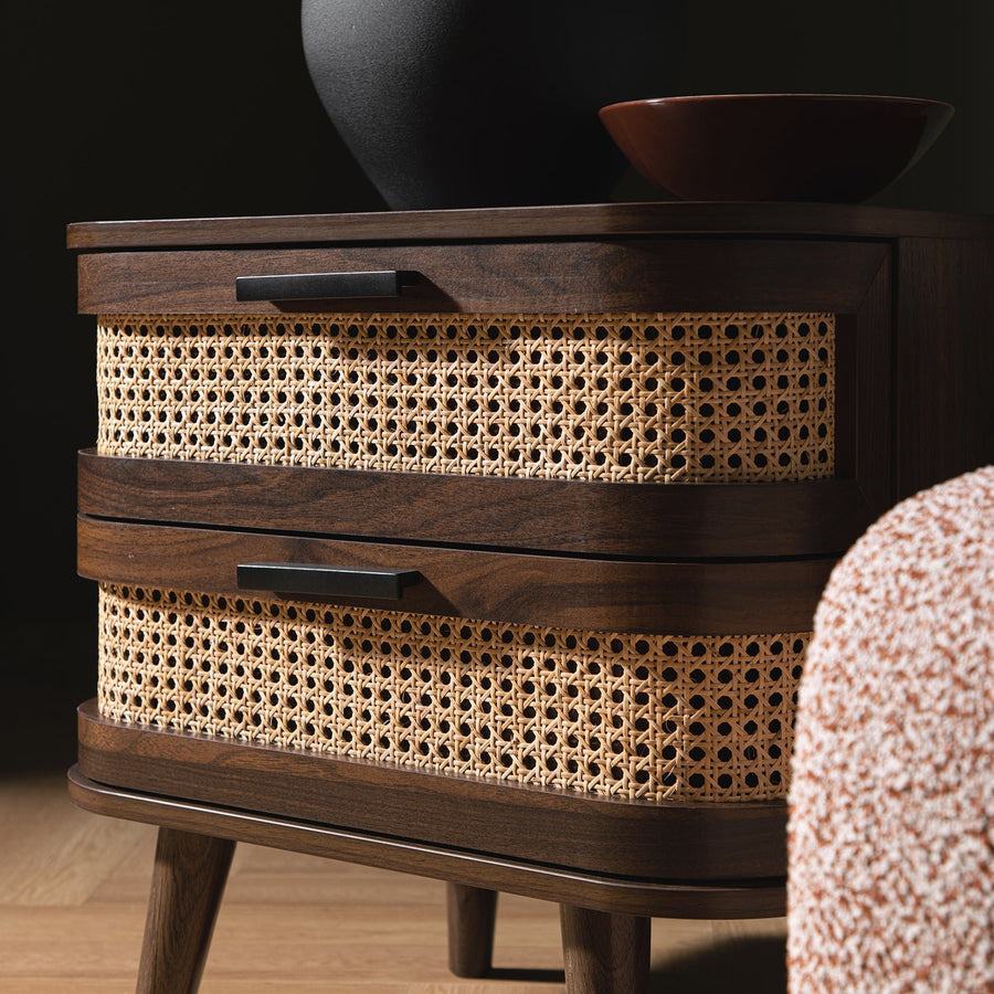 Izzy Curved Rattan 2-Drawer Bedside Table, Walnut