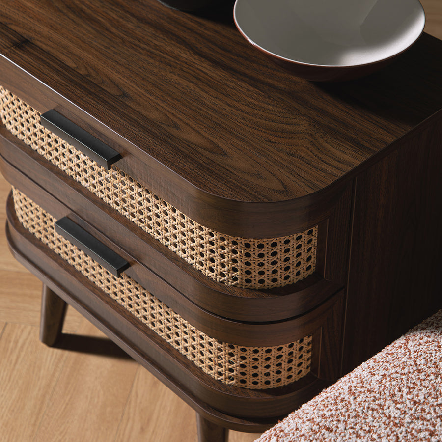 Izzy Curved Rattan 2-Drawer Bedside Table, Walnut