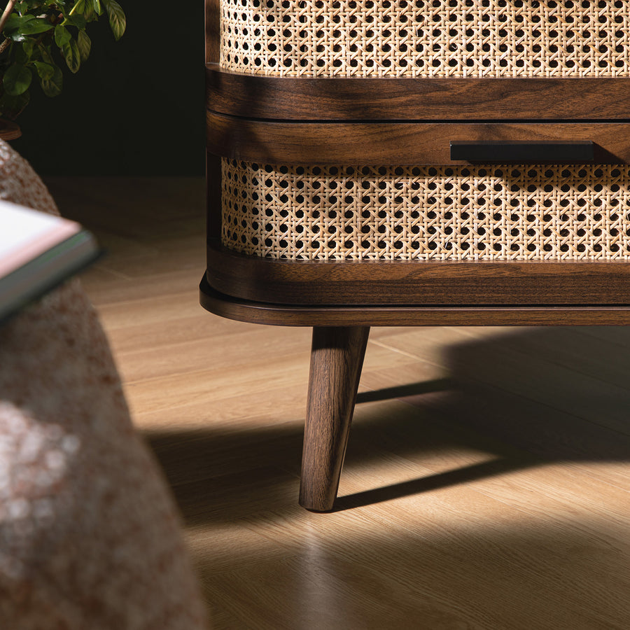 Izzy Curved Rattan 2-Drawer Bedside Table, Walnut
