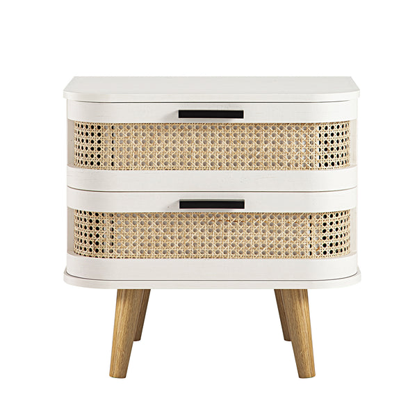 Izzy Curved Rattan 2-Drawer Bedside Table, White