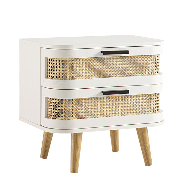 Izzy Curved Rattan 2-Drawer Bedside Table, White