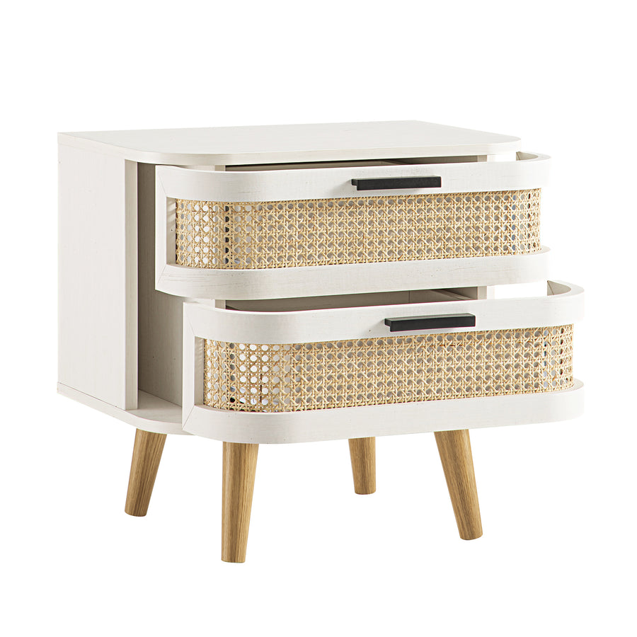 Izzy Curved Rattan 2-Drawer Bedside Table, White