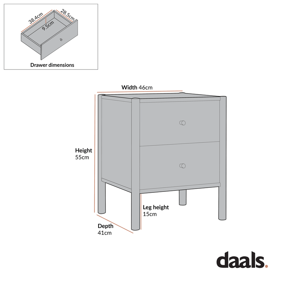 Linden 2-Drawer Bedside Table, White Washed - daals