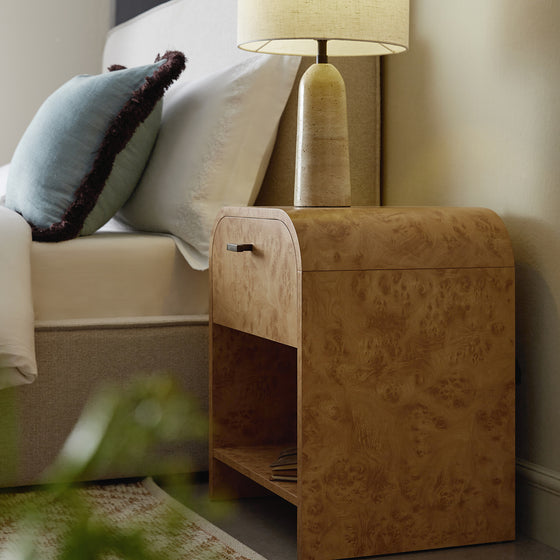 Marcel 1-Drawer Bedside Table, Natural Burlwood