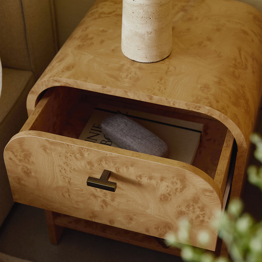 Marcel 1-Drawer Bedside Table, Natural Burlwood