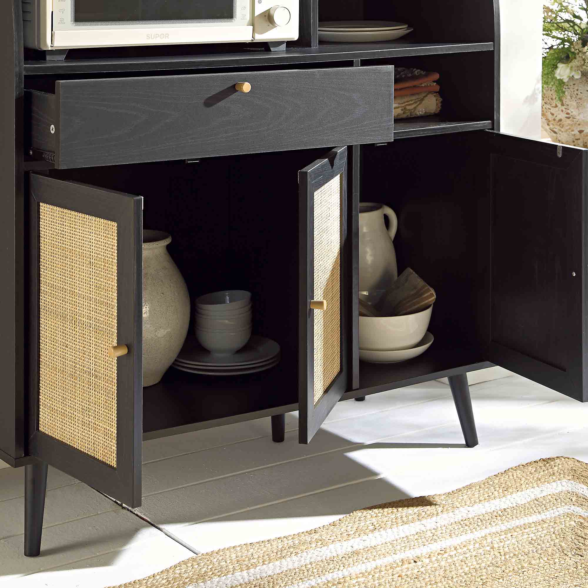Kitchen Timber Rattan Frances Woven Rattan Kitchen Cabinet, Black | daals