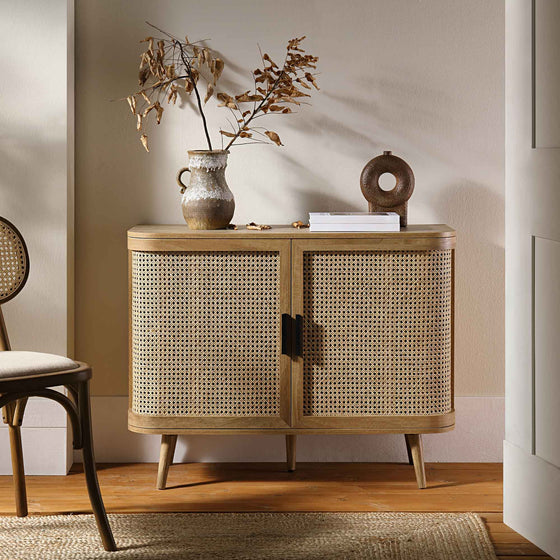 Izzy Curved Rattan 2-Door Small Sideboard, Natural