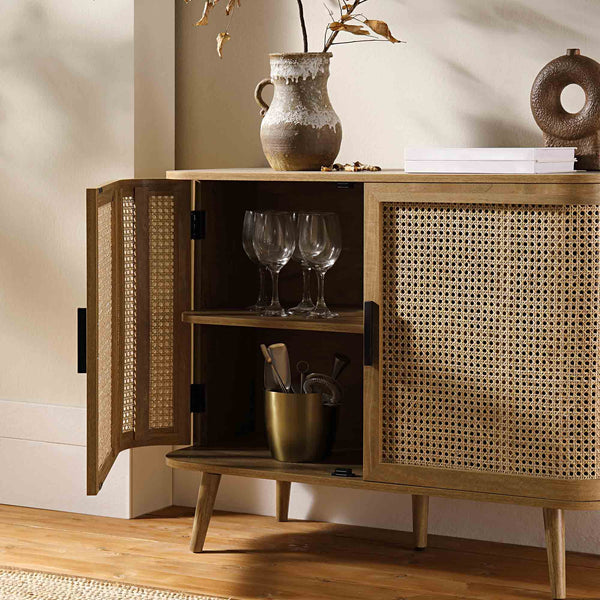 Izzy Curved Rattan 2-Door Small Sideboard, Natural