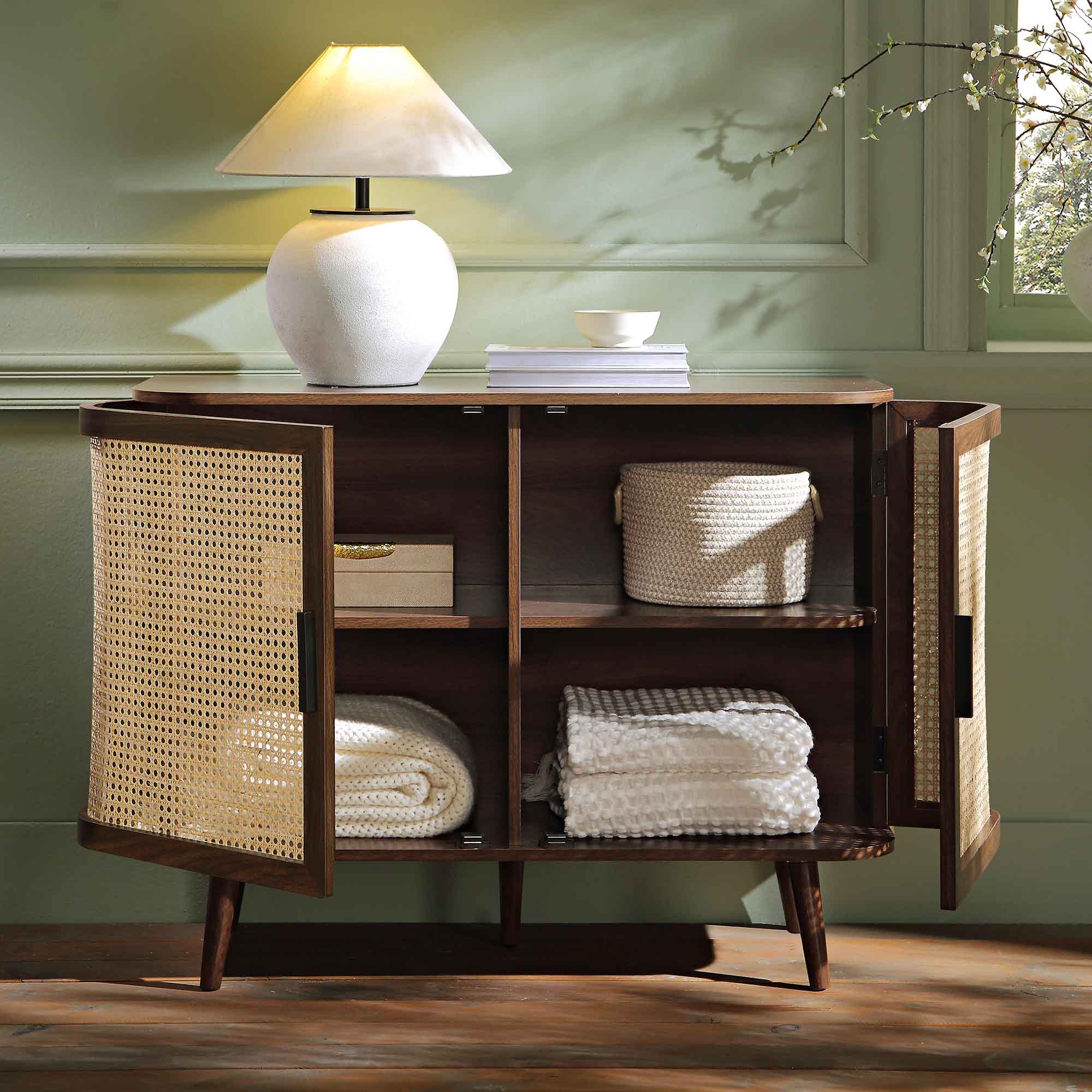 Izzy Curved Rattan 2-Door Small Sideboard, Walnut | daals