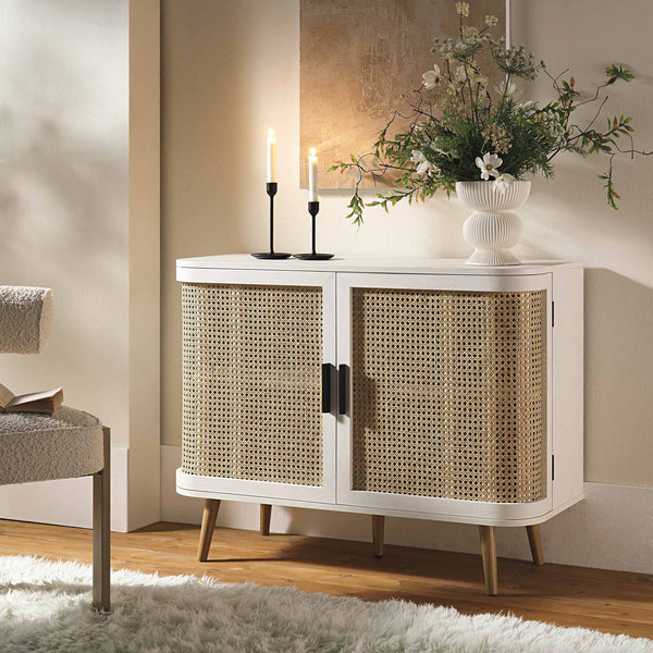 Izzy Curved Rattan 2-Door Small Sideboard, White